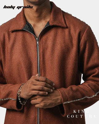Men in Streetwear Style 'Terracotta' Brown Wool 52% & Polycotton 48% Zipper Jacket HG x King Couture - Front Close