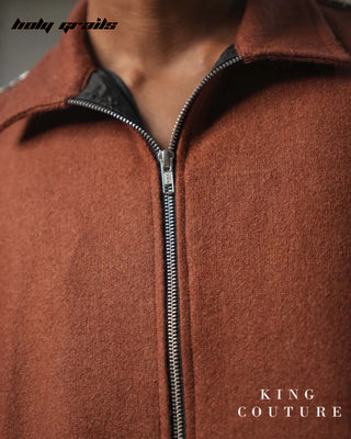 Men in Streetwear Style 'Terracotta' Brown Wool 52% & Polycotton 48% Zipper Jacket HG x King Couture - Front Close Up