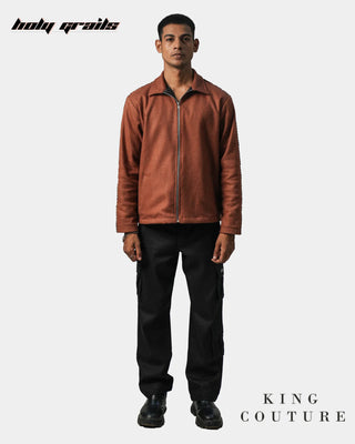 Men in Streetwear Style 'Terracotta' Brown Wool 52% & Polycotton 48% Zipper Jacket HG x King Couture - Front Full
