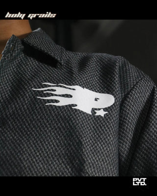 Men wearing a Street Style 'Exter' Black Full Sleeve Boxy Fit Cropped Overshirt HG x Pvt Ltd - Front Print Close Up