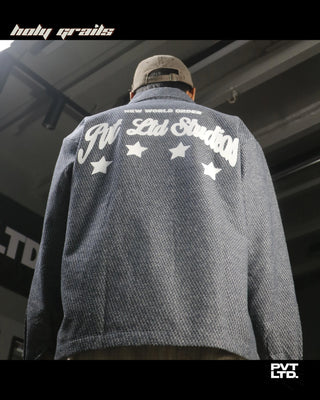 Men wearing a Street Style 'Exter' Blue Full Sleeve Boxy Fit Cropped Overshirt HG x Pvt Ltd - Back