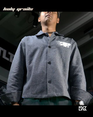 Men wearing a Street Style 'Exter' Blue Full Sleeve Boxy Fit Cropped Overshirt HG x Pvt Ltd - Front