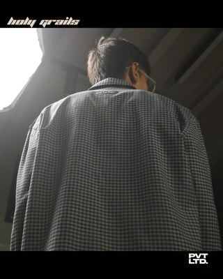 Men wearing a street style 'Devil In Me' Grey Cotton Full Sleeve Boxy Fit Graphic Check Shirt HG x Pvt Ltd - Back Below Angle