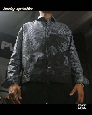 Men wearing a street style 'Devil In Me' Grey Cotton Full Sleeve Boxy Fit Graphic Check Shirt HG x Pvt Ltd - Front