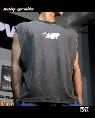 Men wearing a street style 'New World Order 55' Grey Waffle Knit Printed Sleeveless Vest HG x Pvt Ltd - Front