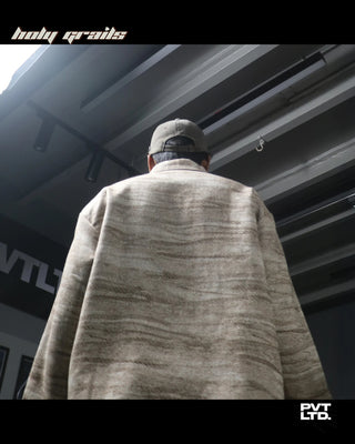 Men wearing a street style 'Sahara+' Beige Cotton Full Sleeve Boxy Fit Cropped Overshirt HG x Pvt Ltd - Back Low Angle