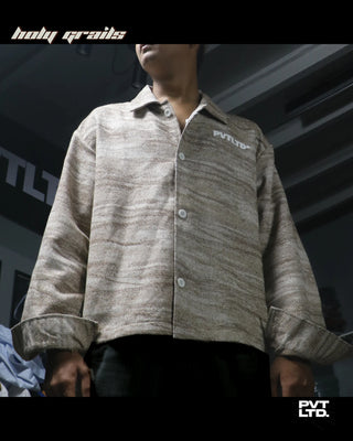 Men wearing a street style 'Sahara+' Beige Cotton Full Sleeve Boxy Fit Cropped Overshirt HG x Pvt Ltd - Front