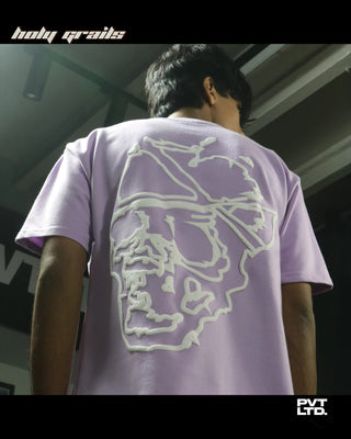 Men wearing a street style 'Skull Circuit' Lilac Purple 260 GSM Cotton Graphics Oversize T-Shirt HG x Pvt Ltd - Back