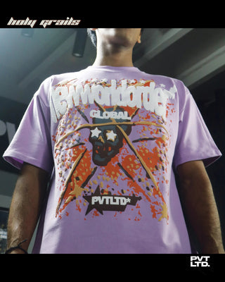 Men wearing a street style 'Skull Circuit' Lilac Purple 260 GSM Cotton Graphics Oversize T-Shirt HG x Pvt Ltd - Front