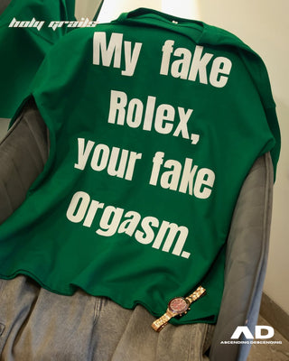 On Chair Streetwear Style 'Rolex' Green Cotton Oversize Tee HG x AD - Back Close Up