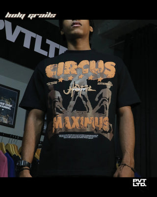 Street Style 'Circus Maximus' Black 270 GSM Cotton Puff Printed Oversized Graphic Tee HG x Pvt Ltd - Front 1