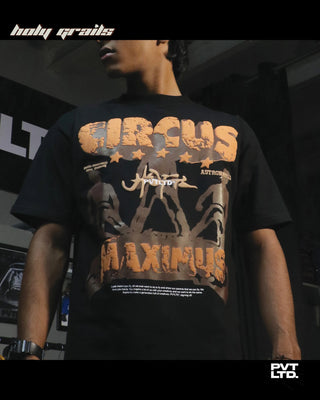 Street Style 'Circus Maximus' Black 270 GSM Cotton Puff Printed Oversized Graphic Tee HG x Pvt Ltd - Front 2