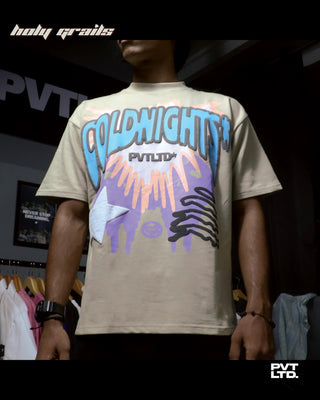 Street Style 'Cold Night' Beige 270 GSM Cotton Puff Printed Oversize Graphics Tee HG x Pvt Ltd - Front