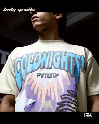 Street Style 'Cold Night' Beige 270 GSM Cotton Puff Printed Oversize Graphics Tee HG x Pvt Ltd - Front Close Up