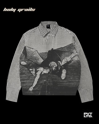 Street Style 'Devil In Me 2.0' White Check Cotton Graphic Boxy Fit Shirt HG x Pvt Ltd - Front