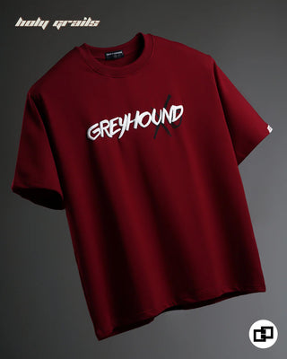 Street Style 'Eyes Don’t Lie' Maroon Unisex 250 GSM 100% Cotton Puff Screen & Printed Oversized T-Shirt  with 'GREYHOUND' branding in White - Front