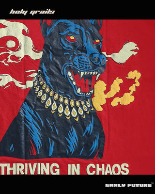 Street Style 'Thriving in Chaos' Inferno Red 240 GSM 100% Terry Cotton Puff Printed Oversize T-Shirt HG x Early Future - Back Print Close Up