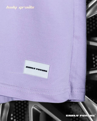 Street Style 'Wild And Majestic' Cosmic Lilac Purple 240 GSM 100% Terry Cotton Puff Print Oversize Tee - Front Branding Tag Close Up