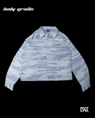 Street Style 'Arctic+' Icy Blue Cotton Full Sleeve Wavy Pattern Boxy Fit Cropped Length Overshirt HG x Pvt Ltd - Front