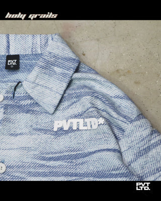 Street Style 'Arctic+' Icy Blue Cotton Full Sleeve Wavy Pattern Boxy Fit Cropped Length Overshirt HG x Pvt Ltd - Front Print Close Up