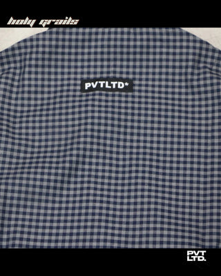 Street style 'Devil In Me' Grey Cotton Full Sleeve Boxy Fit Graphic Check Shirt HG x Pvt Ltd - Back Close Up