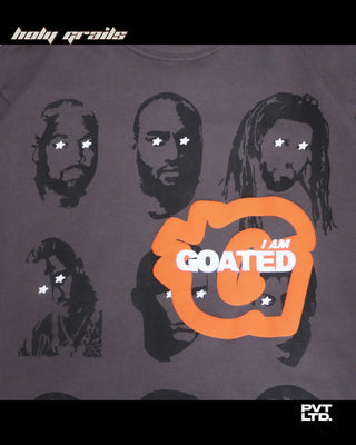 Street style 'I Am Goated' Brown 260 GSM cotton oversize printed Tee HG x Pvt Ltd - Front Print Close Up