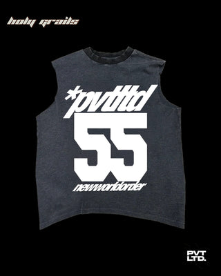 Street style 'New World Order 55' Grey Waffle Knit Printed Sleeveless Vest HG x Pvt Ltd - Back