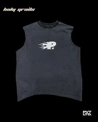 Street style 'New World Order 55' Grey Waffle Knit Printed Sleeveless Vest HG x Pvt Ltd - Front