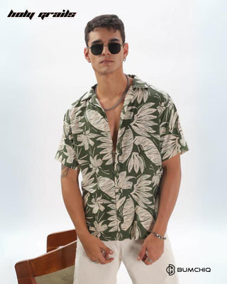 Streetwear Style 'Caper Green Floral' Oversize Cotton Linen Half Sleeve Cuban Collar Shirt HG x Bumchiq - Front With Glasses