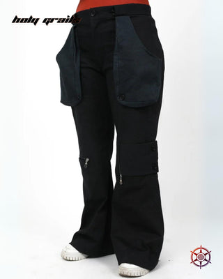 Streetwear Style 'Charcoal Truffle' Flared Black 97% Cotton 3% Lycra Twill 225 GSM Cargo Pants HG x Duskin - Front Side