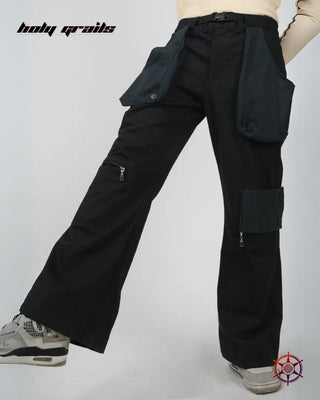 Streetwear Style 'Charcoal Truffle' Flared Black 97% Cotton 3% Lycra Twill 225 GSM Cargo Pants HG x Duskin - Front & Side