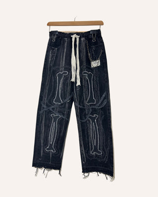 Streetwear Style 'Just A Fad' Black stone washed upcycled denim jeans with bone patchwork and metallic chain detailing around pocket - Front