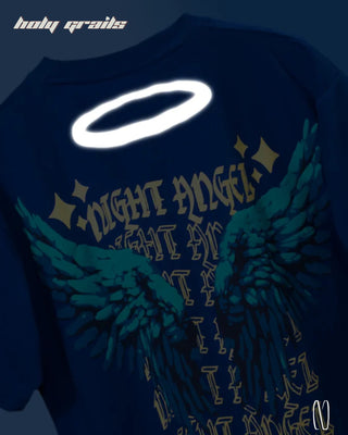 Streetwear Style 'Night Angel' Blue Oversize Graphic 260 GSM French Terry Cotton Tee HG x Noctura - Back in Dark