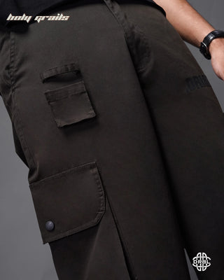 Streetwear Style 'Nocturnal' Brown Baggy 240 GSM 100% Cotton Twill Cargo Pants HG x DRBL - Front Side Upper Close Up