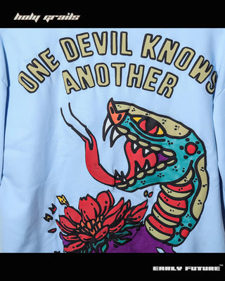 Streetwear Style 'One Devil Knows Another' Serpent Sky Blue 240 GSM Oversize Tee HG x Early Future - Back Close Up