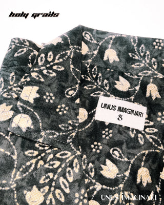 Streetwear Style 'Phool' Grey 100% Cotton Jaipuri & Sanganeri Print Oversize Half-Sleeve Shirt HG x Unus Imaginari - Front Collar Close Up