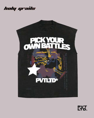 Streetwear Style 'Pick Your Own Battles' Black 240 GSM French Terry Boxy Fit Printed Vest HG x Pvt Ltd - Front