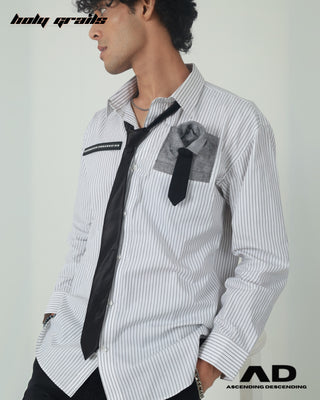 Streetwear Style 'Pocket Square' White Premium Cotton Full Sleeve Classic Striped Shirt HG x AD - Front Close Up 1
