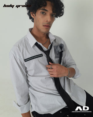Streetwear Style 'Pocket Square' White Premium Cotton Full Sleeve Classic Striped Shirt HG x AD - Front Close Up 2