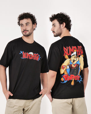Streetwear Style 'Popeye' Black Oversize Fit 240 GSM French Terry Cotton T-Shirt - Front & Back