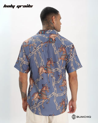 Streetwear Style 'Premior Ressi Horse' Blue Oversize Cottom Half Sleeve Spread Collar Shirt HG x Bumchiq - Back