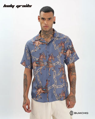 Streetwear Style 'Premior Ressi Horse' Blue Oversize Cottom Half Sleeve Spread Collar Shirt HG x Bumchiq - Front