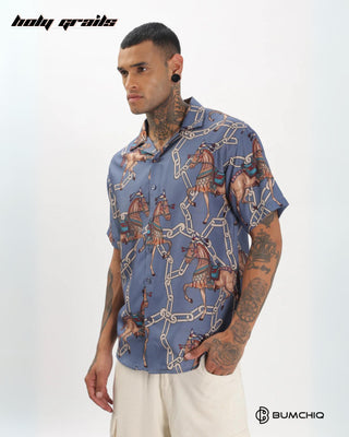 Streetwear Style 'Premior Ressi Horse' Blue Oversize Cottom Half Sleeve Spread Collar Shirt HG x Bumchiq - Side 1