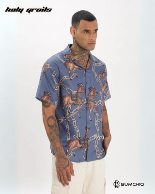 Streetwear Style 'Premior Ressi Horse' Blue Oversize Cottom Half Sleeve Spread Collar Shirt HG x Bumchiq - Side 2