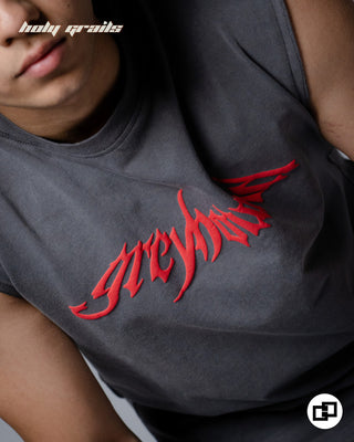 Streetwear Style 'Sinister' Grey 240 GSM 100% Cotton Tank Top HG x Grey Hound Clothing - Front Close Up