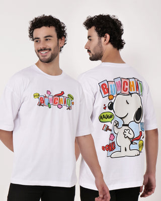 Streetwear Style 'Snoopy' White Oversize Fit 240 GSM French Terry Cotton T-Shirt - Front & Back