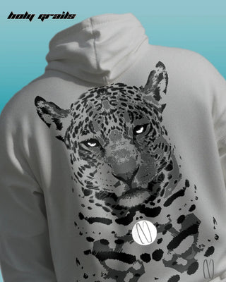 Streetwear Style 'Snow Leopard' White Premium Cotton Oversize Hoodie HG x Noctura - Back Reflective Print Close Up in Dark