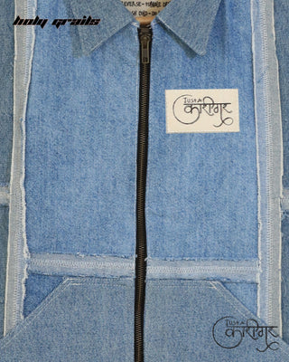 Streetwear Style 'Symmetry' Blue Upwashed Denim Vest HG x Just A Karigar - Front Close Up
