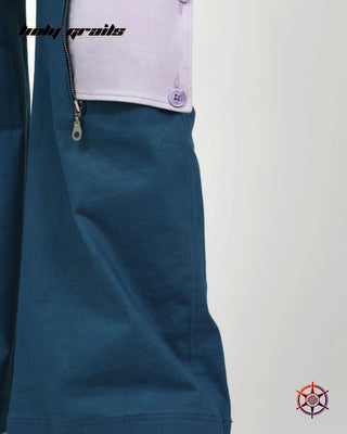Streetwear Style 'Teal Velvet' Flared 97% Cotton 3% Lycra Twill 225 GSM Cargo Pants HG x Duskin - Front Knee Pocket 2 Close Up