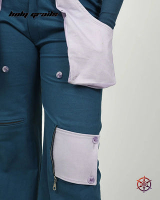 Streetwear Style 'Teal Velvet' Flared 97% Cotton 3% Lycra Twill 225 GSM Cargo Pants HG x Duskin - Front Pocket 1 Close Up